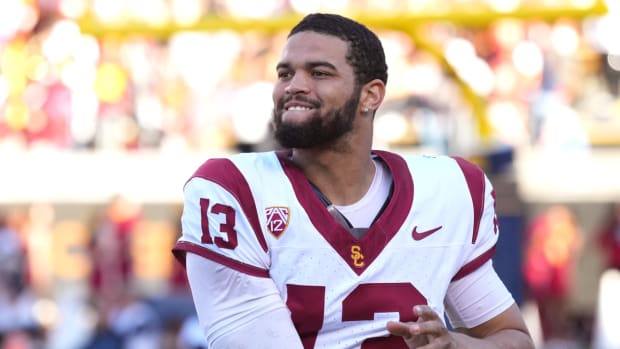 USC quarterback Caleb Williams warms up ahead of a game against Cal.